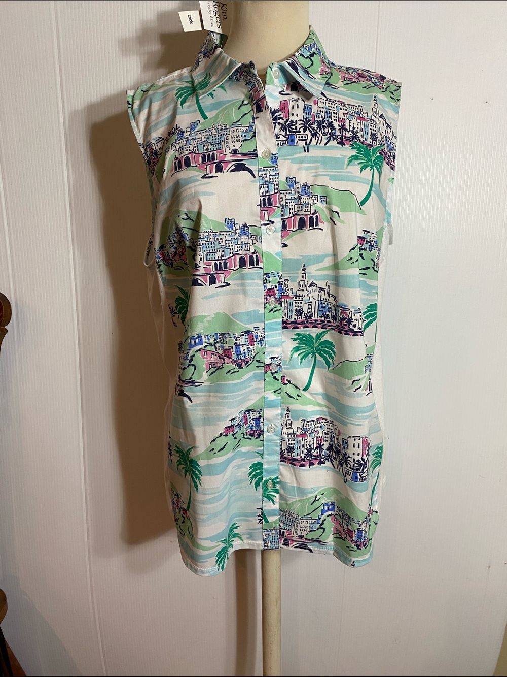 Sleeveless Tropical Print Button-Up Shirt - Mint Green